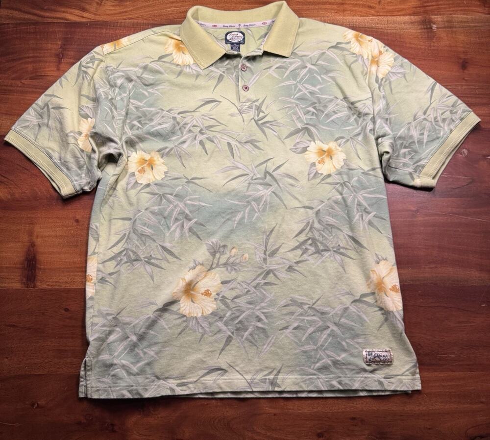 Tommy Bahama Mens Vintage Green Yellow Floral Hawaiian Polo Shirt Sz XL